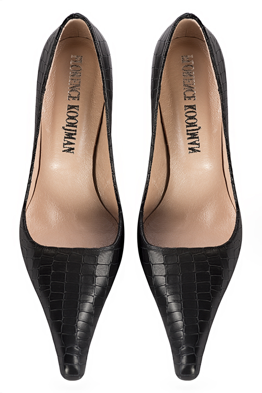 Satin black women's dress pumps,with a square neckline. Pointed toe. Medium comma heels. Top view - Florence KOOIJMAN